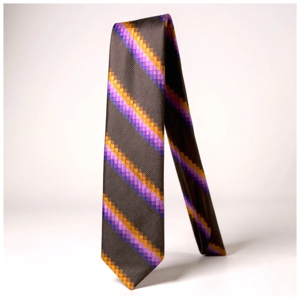 Bijan Handcrafted Silk Tie – Italy – Brown, Purple, Gold Stripes - Picture 8 of 10